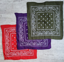 Lot of 3 Vintage 100 Cotton Bandanas: Red, Purple, Green - 20" x 20"