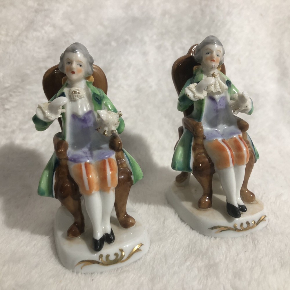Victorian Porcelain Figurine Man Sitting in Chair Set of 2 Japan