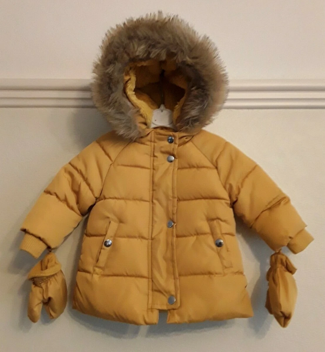 Baby girl s padded hooded coat mitten set mustard aged 3 6 months