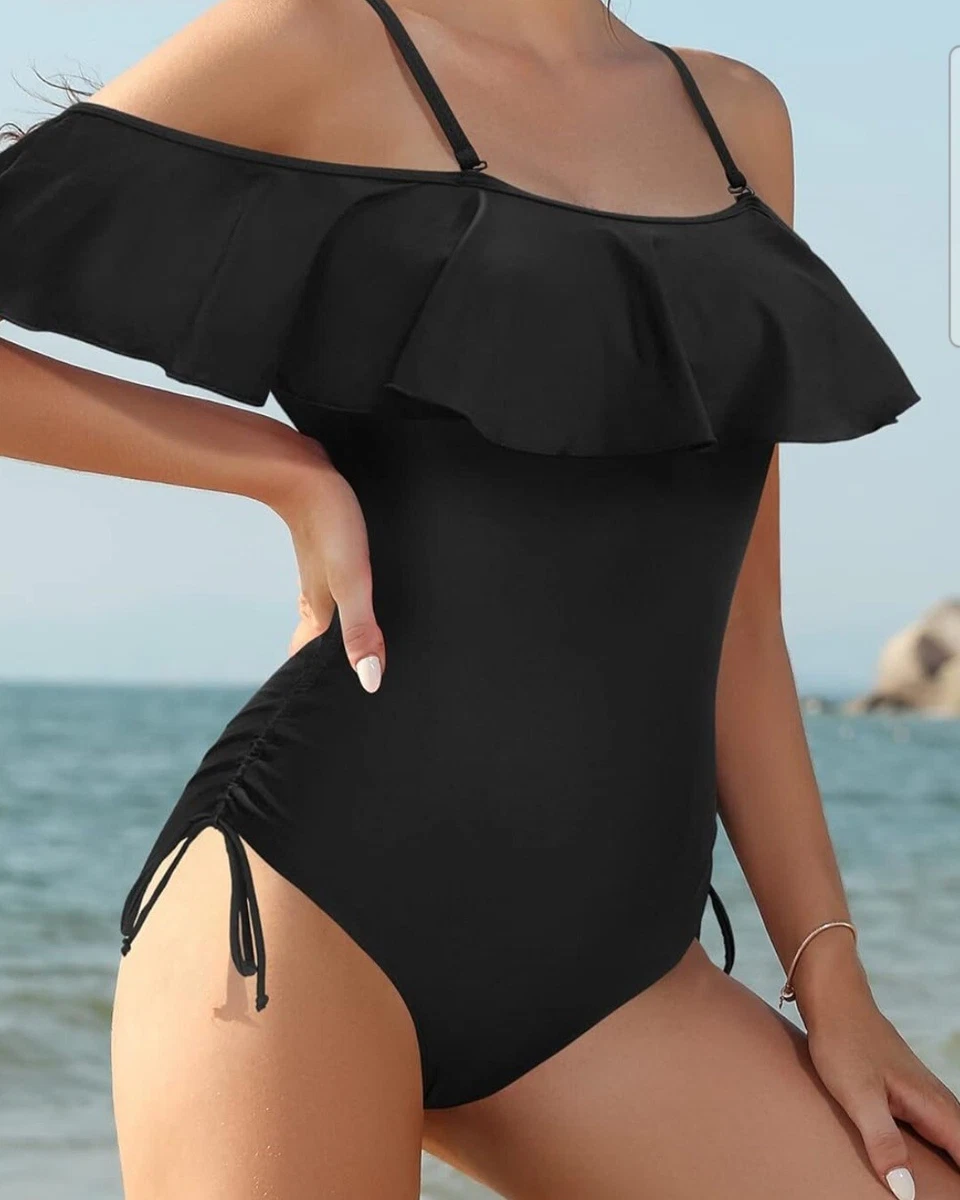 5 11326 01 Off Shoulder Ruffle Flounce Drawstring Swimsuit Black Size S