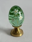 Fenton 2” Green Glass Egg On Brass Stand Handpainted Flowers Signed By Artist