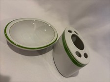 Vintage Toothbrush Holder Soap Dish White Ceramic Green Stripe.
