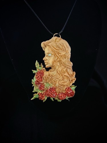 Art Nouveau Style Golden Goddess & Roses Necklace Artist Signed Handmade 17" - Picture 2 of 3