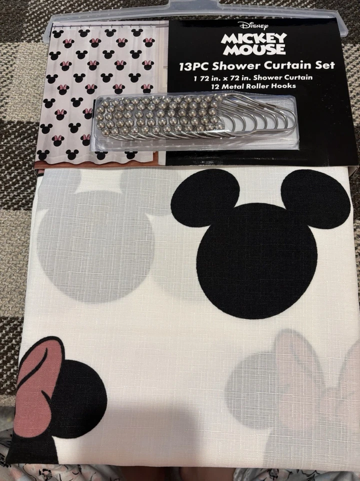 Disney Mickey & Minnie Mouse Ears Shower B/W & Pink Bows Curtain 13 Pc W/ Hooks - Image 2 of 3