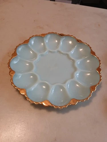 Vintage Anchor Hocking Blue Gold Trim DEVILED EGG TRAY