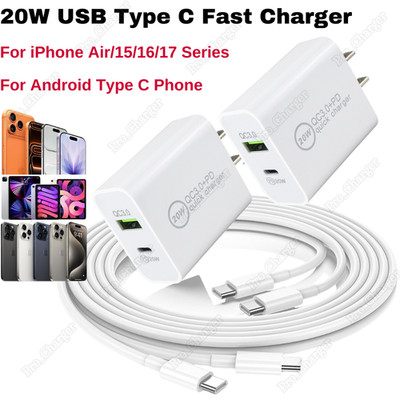 For iPhone Air 17 16 15Pro Samsung Fast Charger USB Type C 20W Block USB C Cable