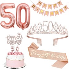 50th Birthday Decorations Crown and Sash, Cake Topper, Birthday Candles, Napkins