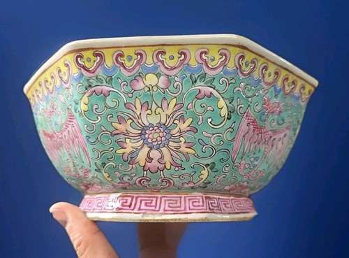 Antique Republic Period Chinese Enameled Faceted Bowl Famille Rose Phoenix 9" - Picture 2 of 12