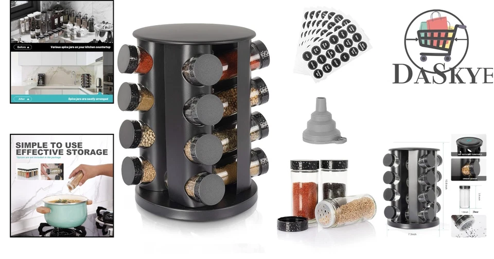 Compact Countertop Spice Rack with 16 Glass Jars & 135 Labels for Easy Access - Image 2 of 4