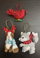 Completed Bucilla Felt Christmas Ornaments Lot Of 3  Bird, Dog,  Wolf   NEW 