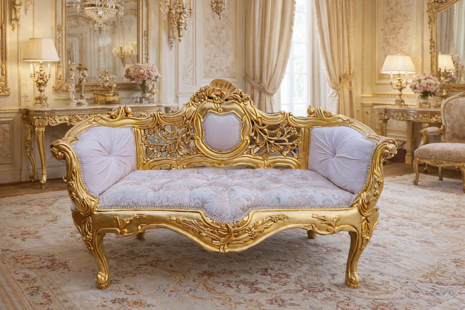 Sofa Louis XVI French Pink Damask Gilded Wood Antique Style Settee