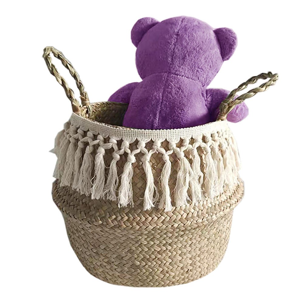 Natural Seagrass Storage Basket Foldable Woven Laundry Basket Handmade Straw