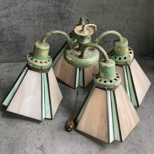Vintage Tiffany Style Stained Glass 4 Light Hanging Chandelier 9"H Mid-Century