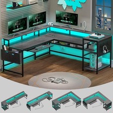 L Shaped Gaming Desk, Convertible Home Office Desk with Power Outlets LED Strip
