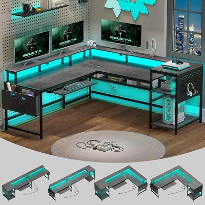 L Shaped Gaming Desk, Convertible Home Office Desk with Power Outlets &LED Strip
