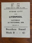 1958-59 STOKE CITY v LIVERPOOL Div 2 Match ticket 1st Nov 1958