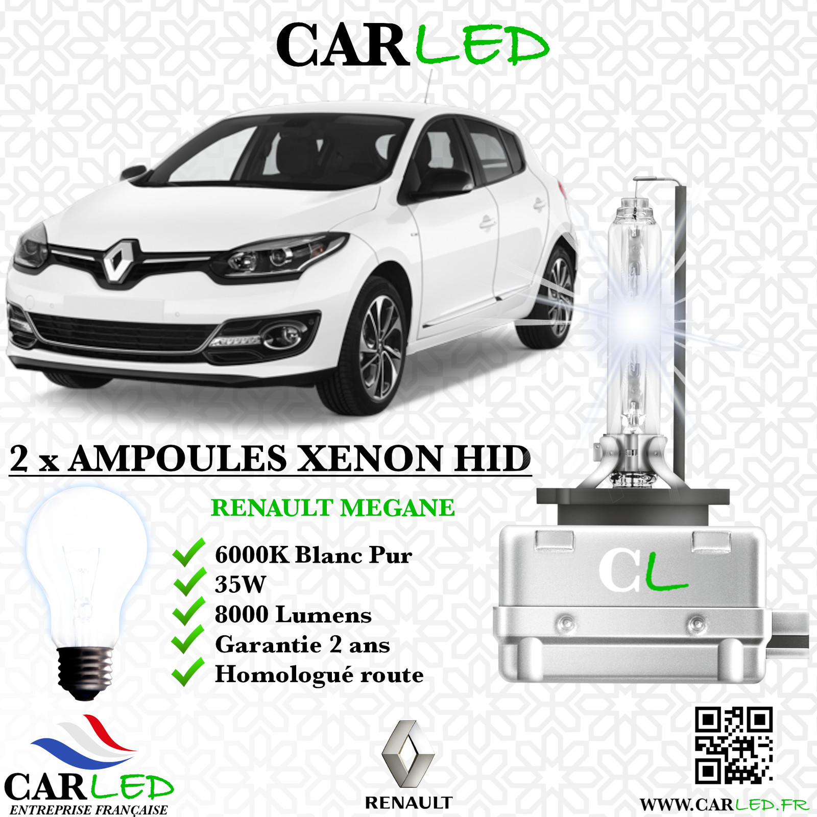 Ampoule HID Xénon CARLED 8000lm 6000K pour Megane 3 kit conversion 35W anti-reflet