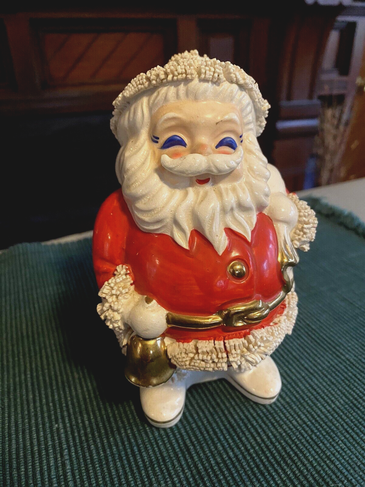 Vintage Santa Claus Coin Bank Spaghetti Trim Japan Blue Eyes, Gold Trim