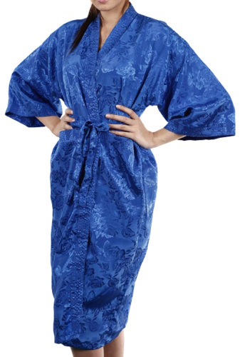 Mens Womens Thai Silk Blue Rose Kimono Bathrobe Lingerie Sleepwear Night Gown - Picture 1 of 3