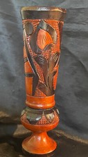 Preowned wood vase the image shows a vintage hand carved wooden vase