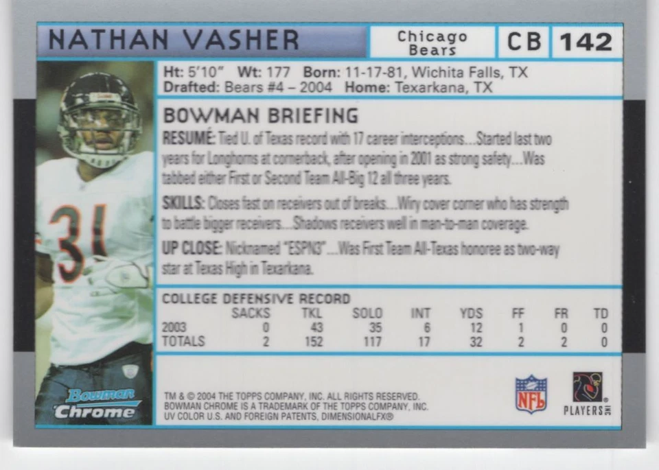 2004 BOWMAN CHROME ROOKIE Nathan Vasher Rookie Chicago Bears #142 - Image 2 of 2