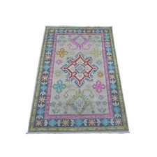 3'2" x 4'8" Silk Gray Hand Knotted Colorful Fusion Kazak Oriental Rug R89399