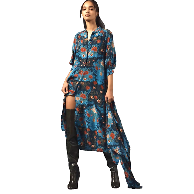 blue arabesque floral midi dress Freya Tiered Midi Dress - White + Blue Floral