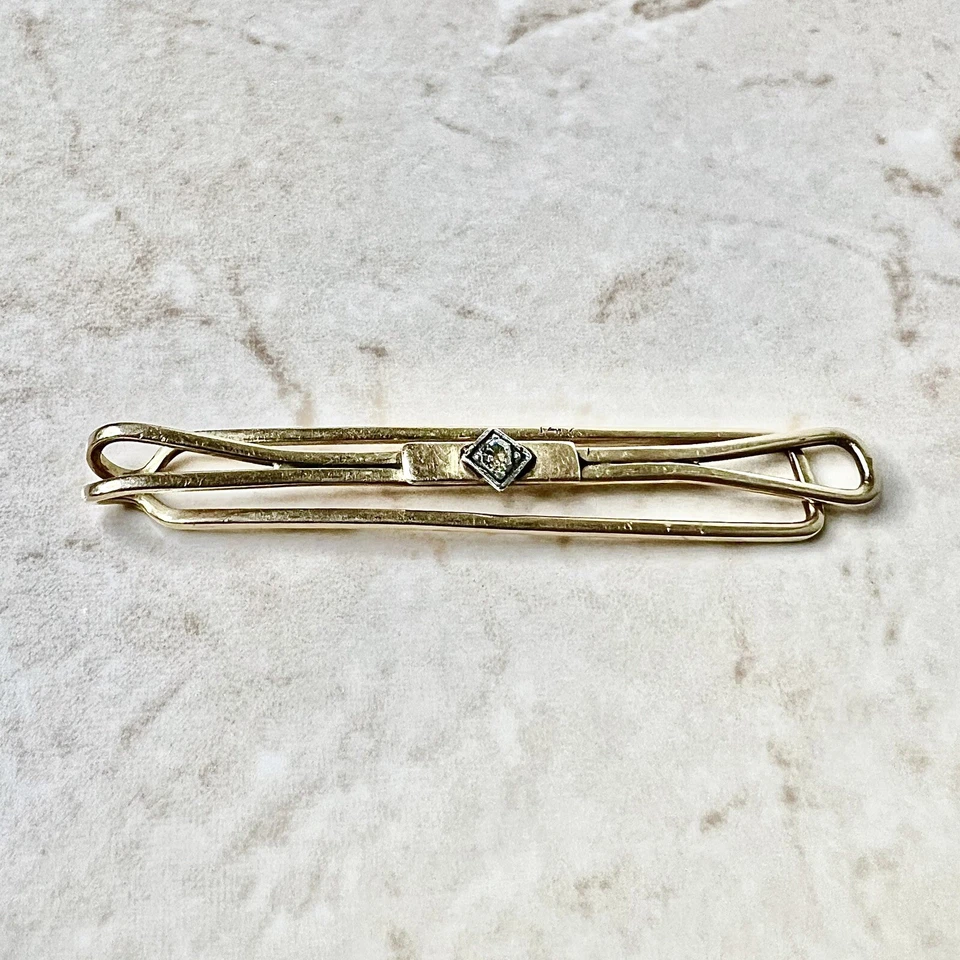 Clip de corbata antiguo 14K - Barra de corbata de diamante - Clip de corbata de oro amarillo - Barra de corbata de oro Foto 3 de 4