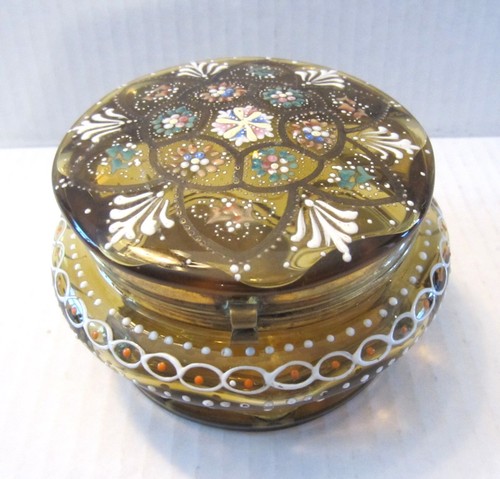 Antique Bohemian Moser Style Enameled Amber Glass Hinged Trinket Box - Picture 2 of 10