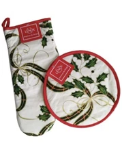 Lenox Nouveau Christmas Hot Pad Set - Holiday Holly Oven Mitt and Pot Holder