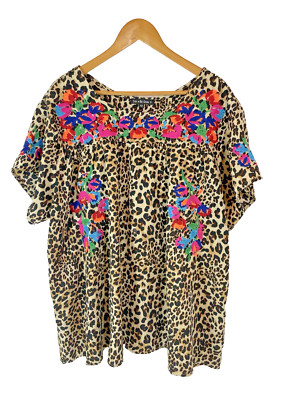 See and Be Seen Animal Leopard Print Boho Tunic Top Floral Embroidery Sz 2X