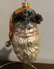 OLD WORLD HAND-CRAFTED GLASS CHRISTMAS ORNAMENTS / SANTA CLAUS Orange Hat Bell