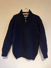 Aran Sweater Market Navy Merino Wool Cable Knit Fisherman Zip Jumper Size M (F6)