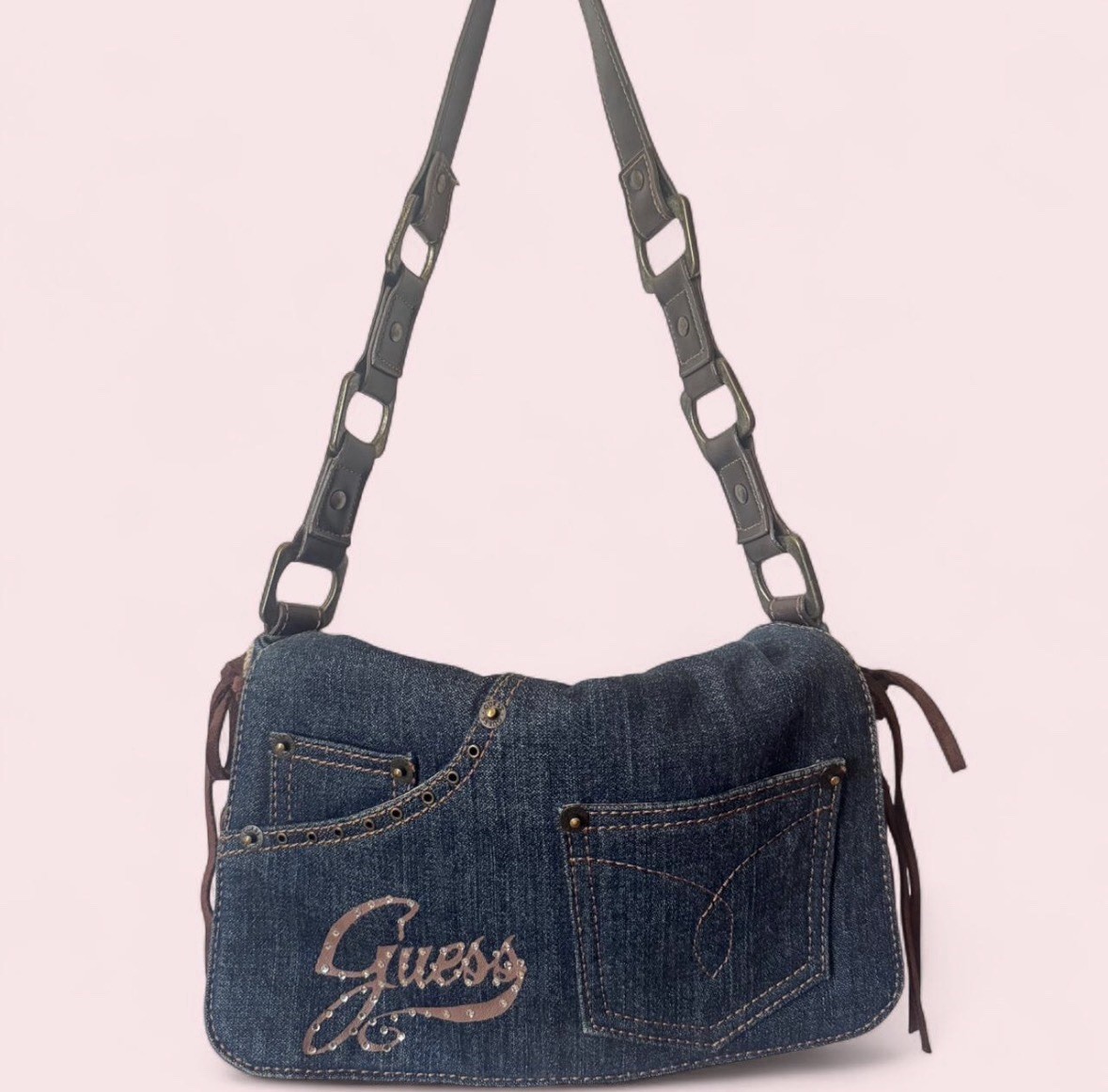 Vintage Guess Y2K Denim Baguette Shoulder Bag Rhinestone Logo Purse