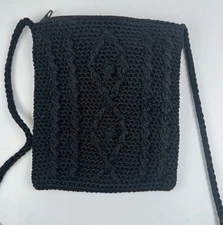Crochet Shoulder Bag Black Mini Crossbody 6x7in Zip 22in Drop Festival Boho