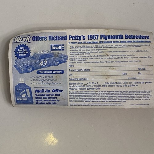 Richard Petty #43 1967 Plymouth Belvedere Car Diecast 1:64 WISK Mail-in Revell - Picture 2 of 6