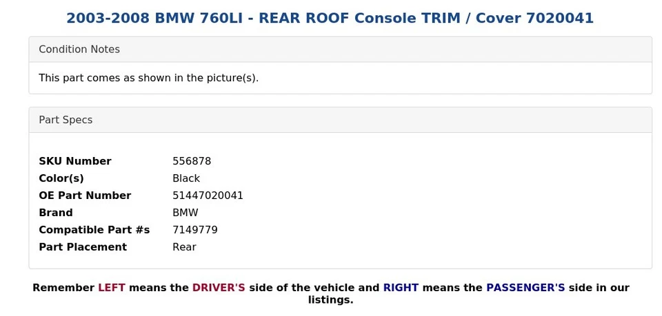 BMW 760LI 2003-2008 - techo trasero consola embellecedor/cubierta 7020041 Foto 4 de 4