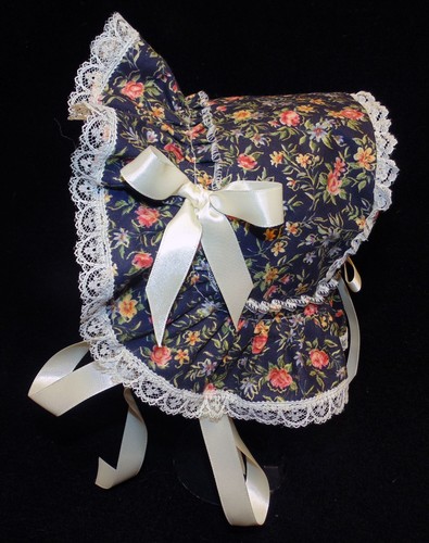 Black With Multicolor Flowers Extended Back Victorian Style Baby Bonnet - Picture 1 of 3