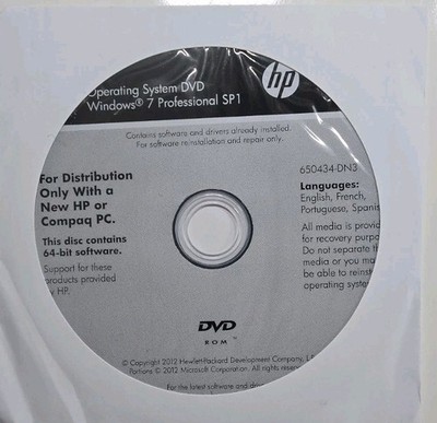 HP Operating System DVD - Windows 7 Pro SP1 64-bit 650434-DN3 No ...