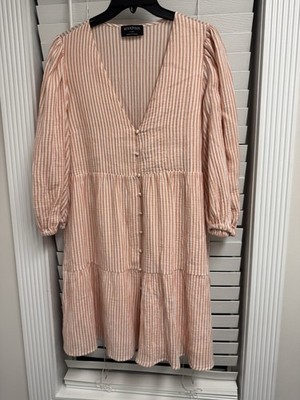Minkpink Women s Dress Stripped Pink White 3/4 Sleeves Size XL