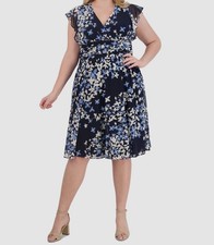 Jessica Howard Women's Blue Floral V-Neck Flutter Sleeve Dress Plus Size 22W