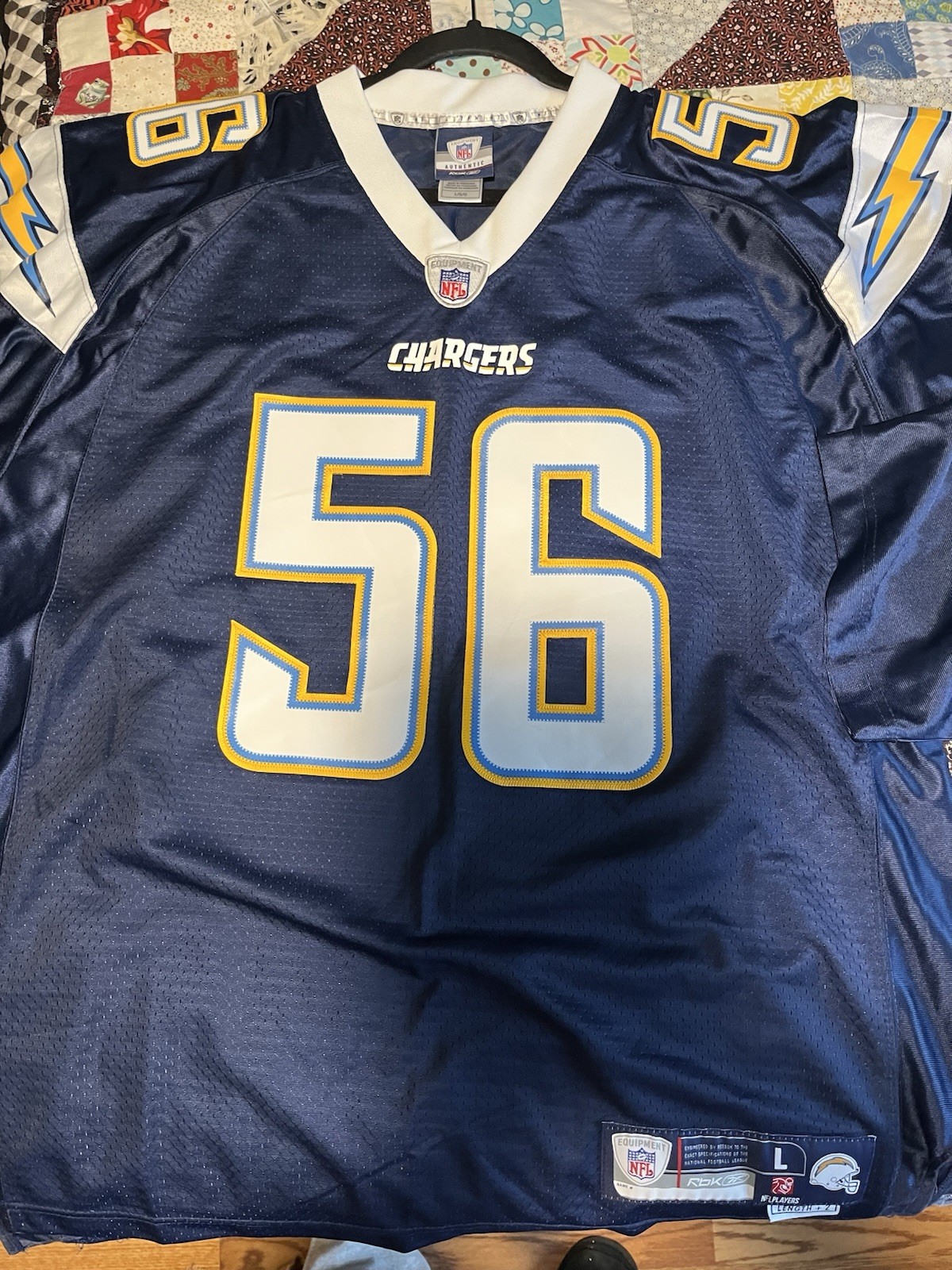Two San Diego Chargers Shawne Merriman #56 NFL Blue Jerseys Size L / G Reebok thumbnail 3