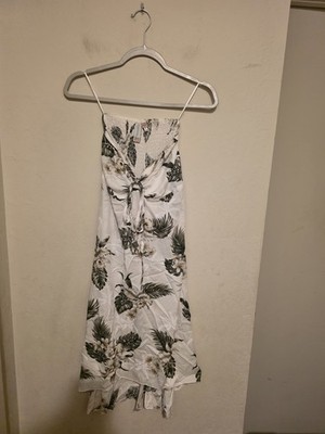 Sunny Island Hawaii White Green Floral Smocked Tie Front Sundress Rayon Size S