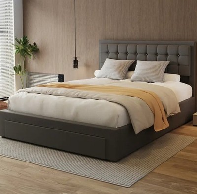 Doppelbettgestell 4 Fuß 6 Beige Gepolstert Leinen Plattform mit getuftetem Kopfteil