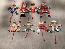 Lot (8) Vintage Christmas Holiday Wooden Pull String Ornaments Santa Nutcracker 