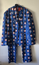 Suitmeister Christmas Holiday Party Suit w/tie Blue Snowmen/Snowflakes Size XL