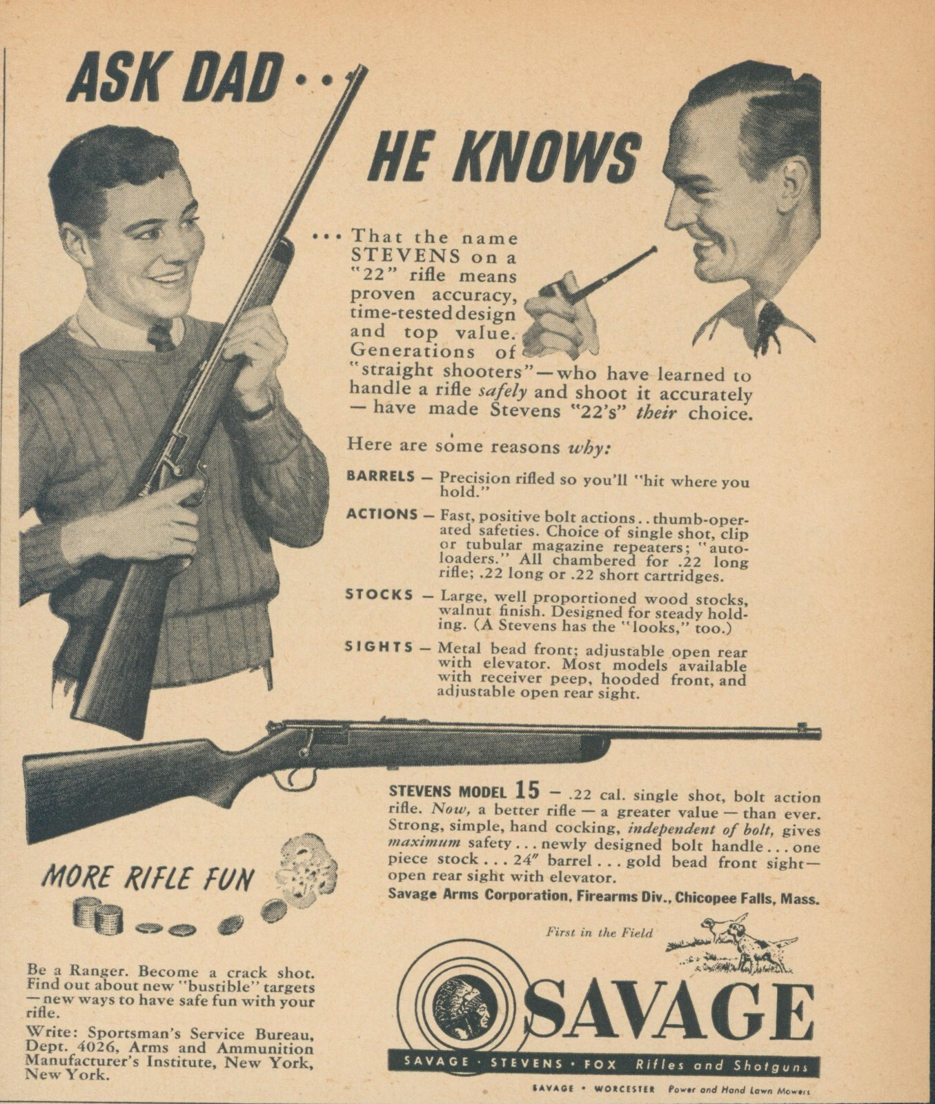 1951 Stevens 22 Rifle Savage Man Pipe Dog Become Ranger Vintage Print Ad OR1