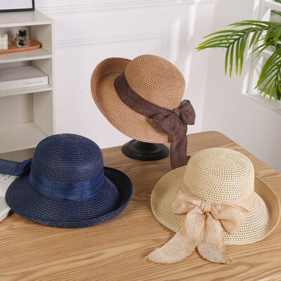 Women Ladies Straw Sun Hat with Bow UPF50 Floppy Beach Hats Summer