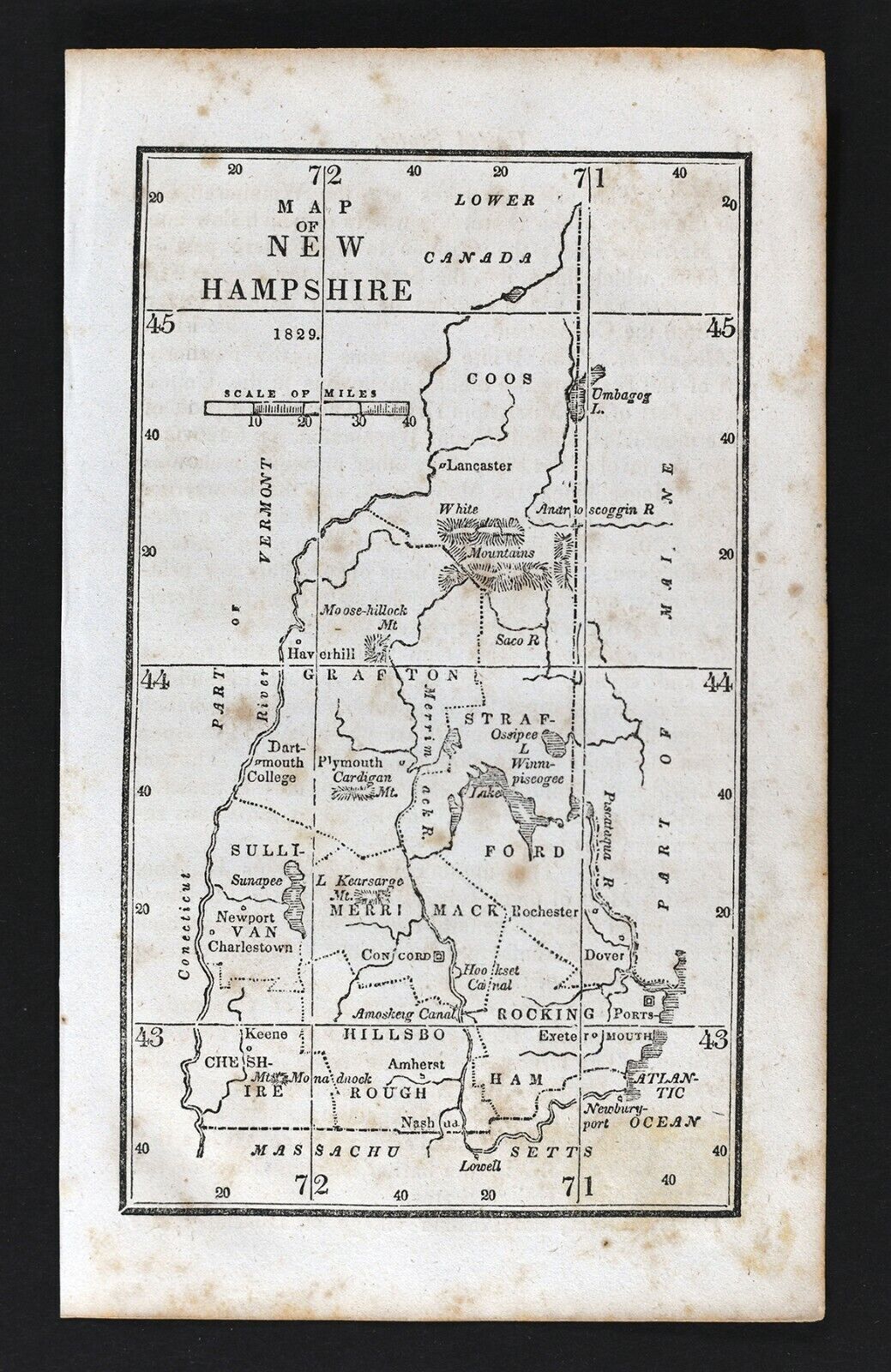 1830 Nathan Hale Map  New Hampshire Portsmouth Concord Dartmouth White Mountains
