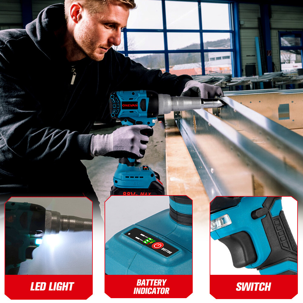 20000N Cordless Rivet Gun 18V Brushless Electric Rivet Gun with 2x Batteries Kit